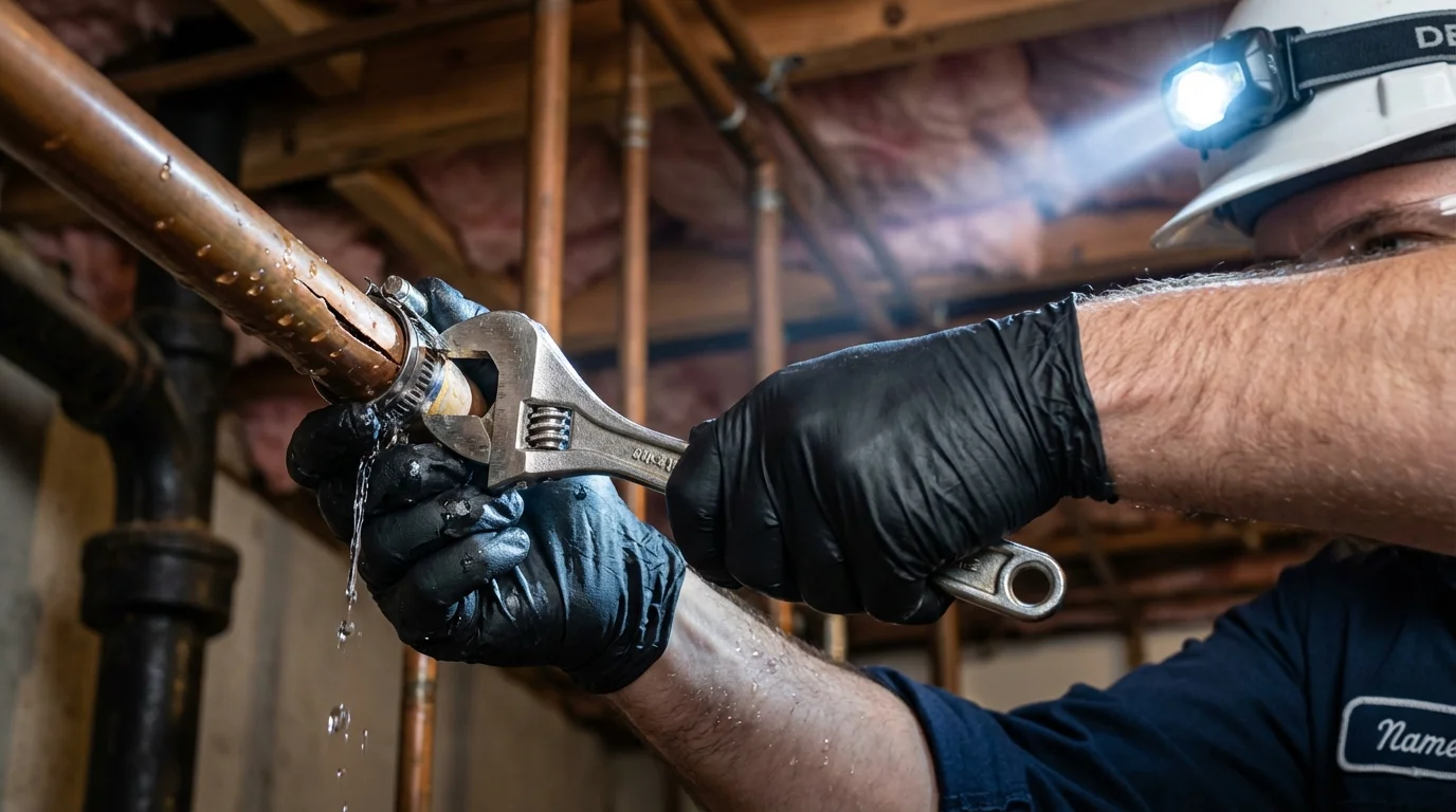 Emergency pipe clamp repair being performed by a Johns Plumbing LLC plumber in Cornwall